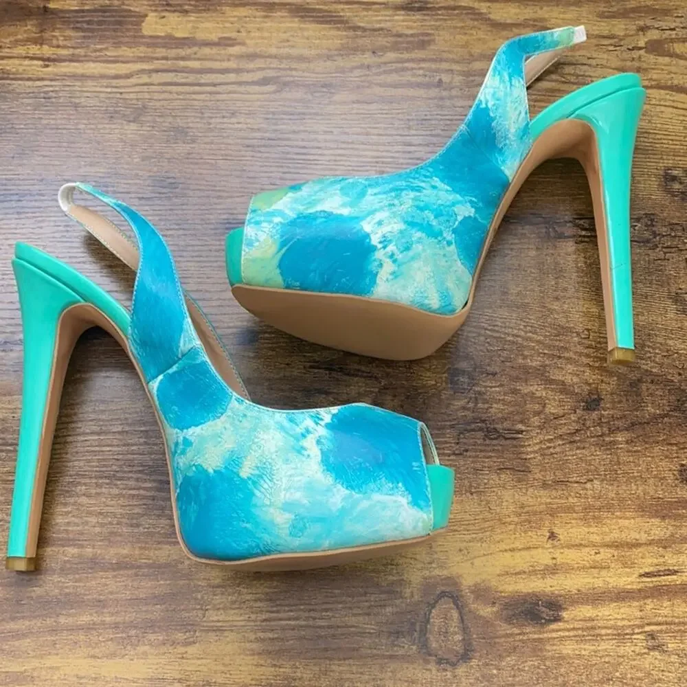 FSJ Blue & Green Abstract Paint Design Platform Slingback 5.5” + Heel - Picture 2 of 12